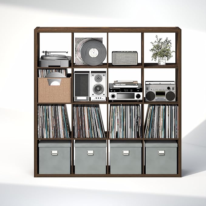 Furinno Cubicle Record Player Stand with Vinyl Storage, 16-Cube 1.2 Extra Thick Vinyl Record Storage, Open Back Media Shelf for CD DVD Blueray Game Disc, for Living Room, Home Office, Amber Pine