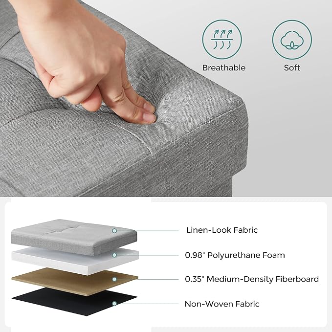 SONGMICS 43 Inches Folding Storage Ottoman Bench, Set of 2, Storage Chest, Foot Rest Stool, Bedroom Bench with Storage, Light Gray, ULSF422G02