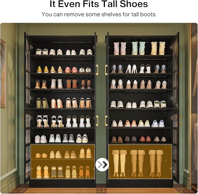 Tribesigns 69" Tall Shoe Cabinet with Doors and Led Light, 8-Tier Wooden Shoe Rack Organizer with Adjustable Shelves, Narrow Shoe Storage Cabinet for Entryway, Hallway, Living Room, Black