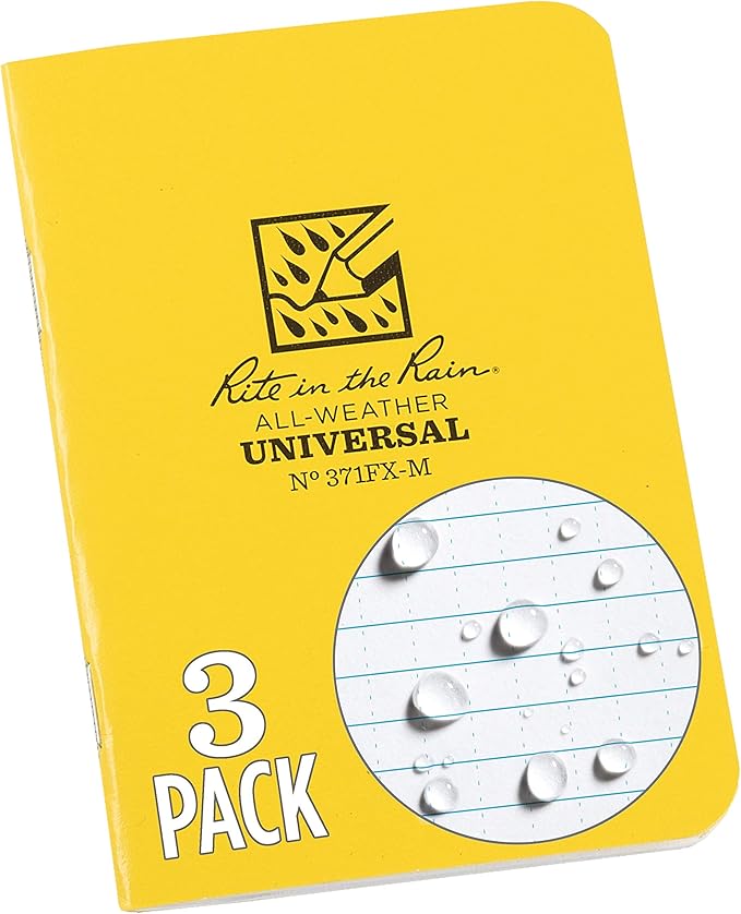 Rite in the Rain Weatherproof Mini Stapled Notebook, 3.25" x 4.625", Yellow Cover, Universal Pattern, 3 Pack (No. 371FX-M)