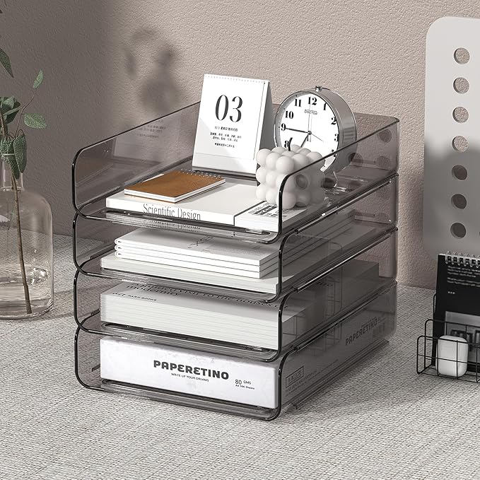 Clear Paper Organizer - Brown Acrylic Stackable Paper Tray for Desk, 4-Tier Letter Tray Organizer with Smooth Edges and Rounded Corners