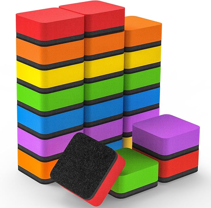 MaxGear Whiteboard Erasers, 24 Pack Magnetic Dry Erase Eraser, Mini Whiteboard Cleaning Pads for Classroom, Chalkboard Wiper Teacher Supplies for School, Office, Home, 6 Rainbow Color Set, 2 x 2 Inch