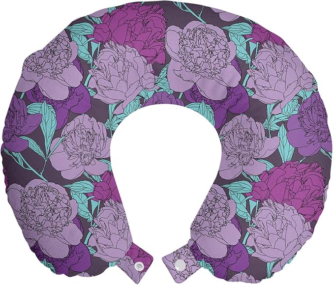 Ambesonne Peony Travel Pillow Neck Rest, Pastel Tone Delicate Peonies with Curled Leaves Vintage Style Tangled Arrangement, Memory Foam Traveling Accessory for Airplane and Car, 12", Purple Teal