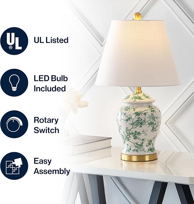 JONATHAN Y 22" White/Green Ceramic Table Lamp, French Country Chinoiserie Ginger Jar LED Bedside Lamp for Living Room Bedroom, White Linen Shade (JYL3005B)