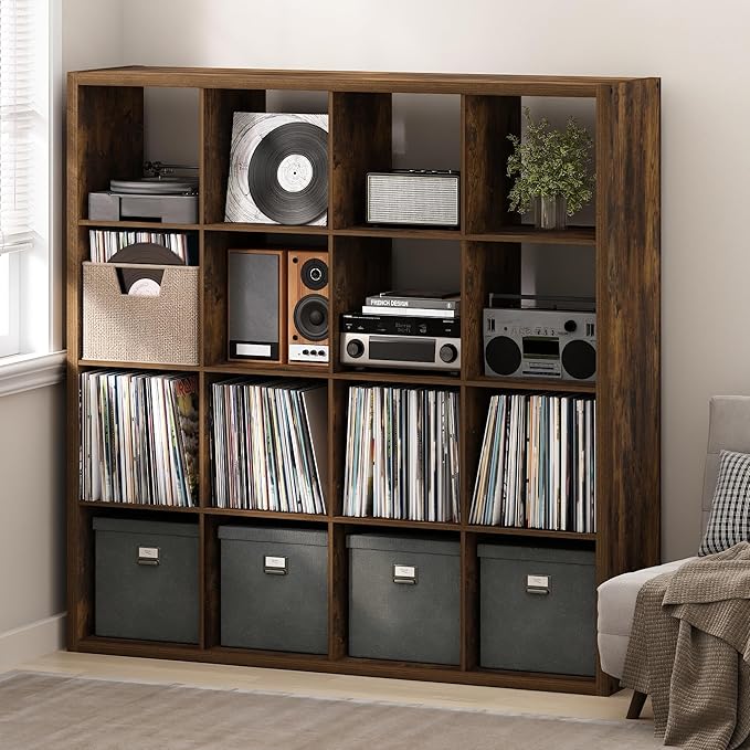 Furinno Cubicle Record Player Stand with Vinyl Storage, 16-Cube 1.2 Extra Thick Vinyl Record Storage, Open Back Media Shelf for CD DVD Blueray Game Disc, for Living Room, Home Office, Amber Pine