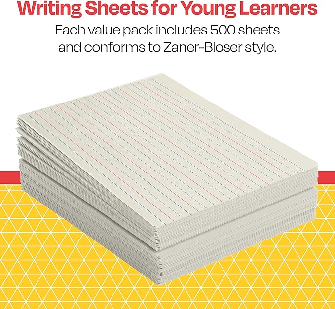 School Smart Zaner-Bloser Writing Paper, Handwriting Practice Lined Paper, Grade 2 Learning, 5/8 Inch Rule, 10-1/2 x 8 Inches, 500 Sheets