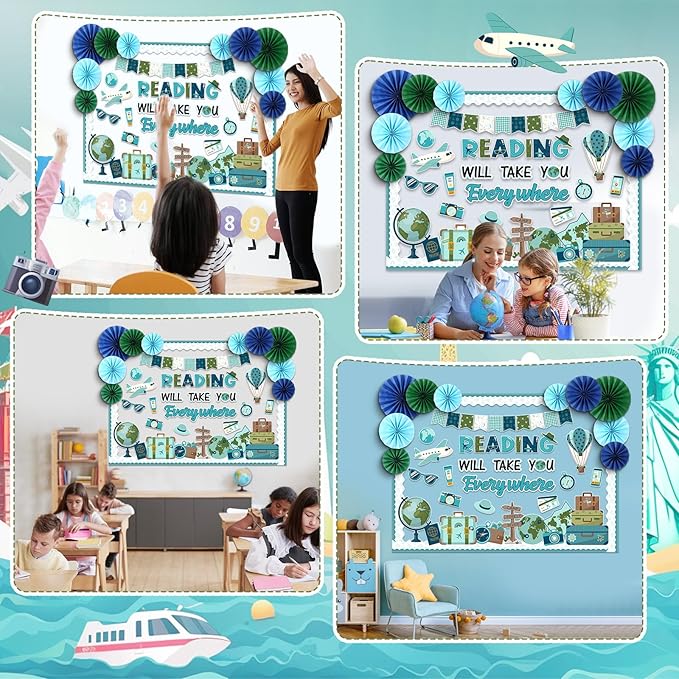 Eersida Spring Bulletin Board Decorations with Paper Fans St Patricks Day 3D Classroom Bulletin Board Christian Easter Flower Bunny Cutouts School VBS Library Church Window Wall Decor(Travel)