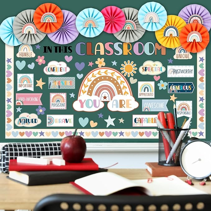 Janlaugh 94 Pcs in This Classroom Bulletin Board Decorations with Paper Fans Boho Classroom Decor Rainbow Motivational Words Cutouts Positive Back to School Bulletin Board Set for Wall Window Office