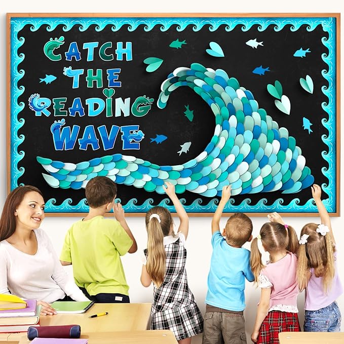 Epakh DIY Ocean Waves Bulletin Board Set Ocean Theme Classroom Decorations Blue and White Fish Heart Shaped Paper Cutouts with Waves Borders for Summer Back to School Office Library Supplies