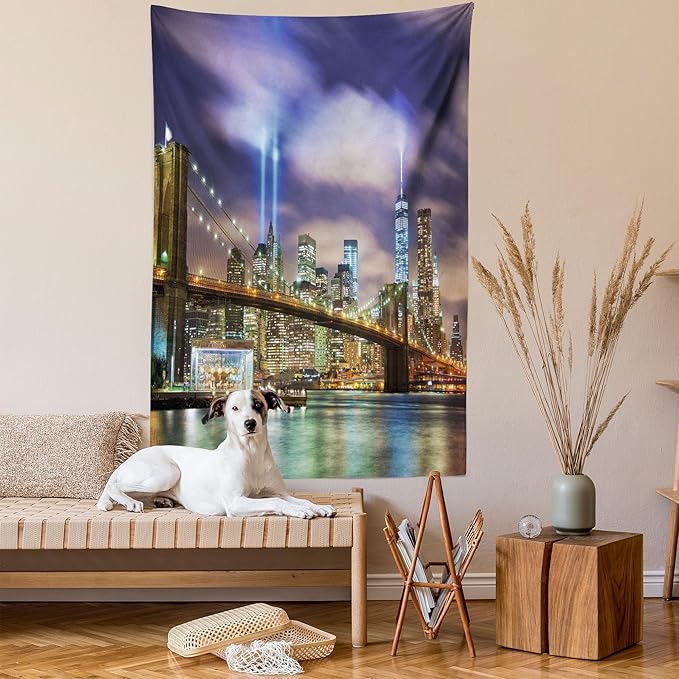 Ambesonne Landscape Tapestry, Manhattan Skyline with Brooklyn Bridge and Towers in NYC United States America, Wall Hanging for Bedroom Living Room Dorm Decor, 60" X 80", Purple Green