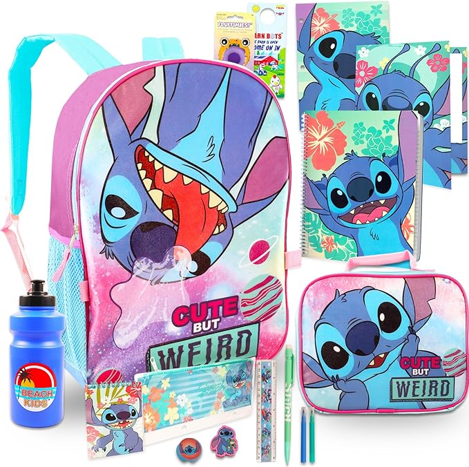 Disney Stitch Backpack with Lunch Box for Kids Set - Bundle with 16" Backpack, Lunch Bag, Folders, Notebook, Water Bottle, Stickers, More | Lilo and Stitch School Supplies for Girls