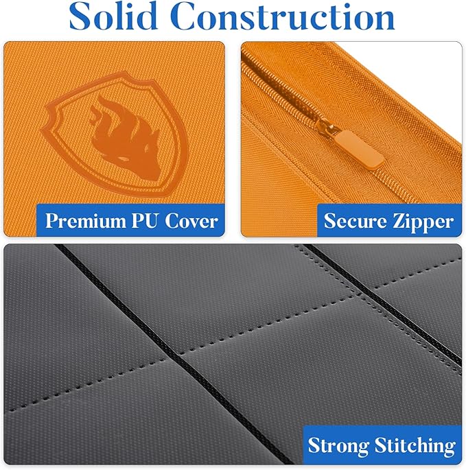 Premium Zip Card Binder, Fabmaker 9 Pocket Trading Card Binder, PU Cover Zipper Card Collection Album, Sturdy 360 Side-Loading Card Folder Holder for Game & Sports Cards, Orange