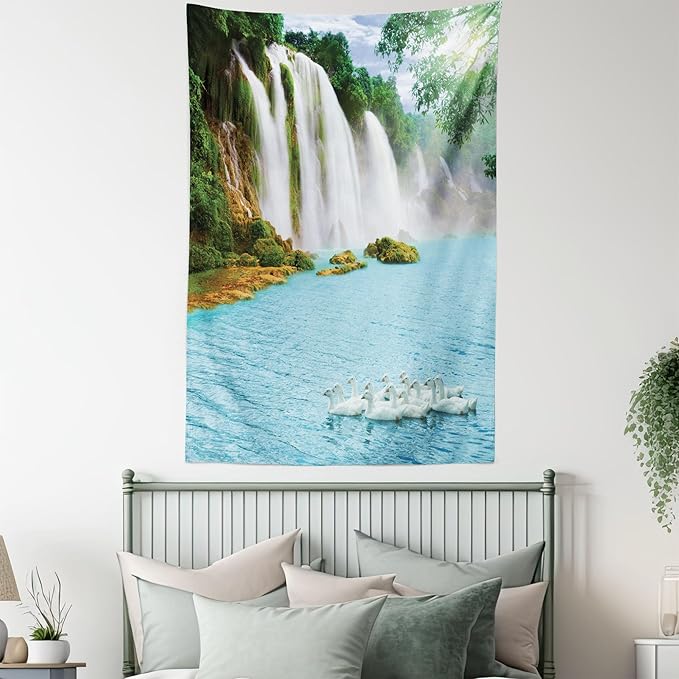 Ambesonne Waterfall Tapestry Twin Size, Image of a Grand Waterfall with Swans in the Lake Sunny Day Nature Print, Wall Hanging Bedspread Bed Cover Wall Decor, 68" X 88", White Green