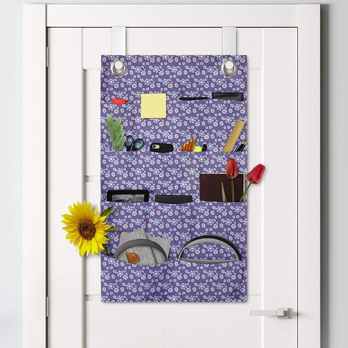 Ambesonne Romantic Hanging Pocket Organizer, Retro Blossom Petals Mini Aster and Daisy Flowers Meadow Rural Flourish, Printed Polyester Storage Bag with Pockets, 21" x 31", Blue Violet and White