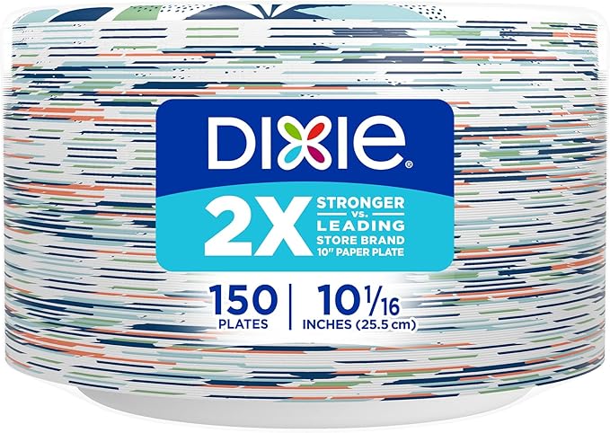 Dixie Large Paper Plates, 10 Inch, 150 Count, 2X Stronger*, Microwave-Safe, Soak-Proof, Cut Resistant, Disposable Plates For Everyday Breakfast, Lunch, & Dinner Meals