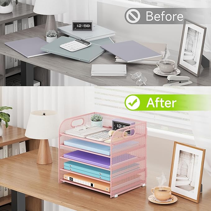 2 Pack 5 Tier Paper Organizer, Letter Tray with Handle, Mesh Desk Organizer, Metal File Organizer, Office Desk Accessories for Home, Office, Classroom, School -Pink