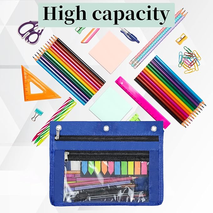 YoeeJob 6 Pack 1 Inch Expandable Zipper Pencil Pouches with Clear Window for 3 Ring Binder, Suitable for School & Office (6, Blue)