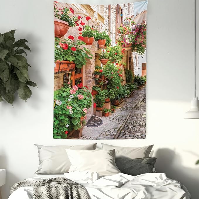 Ambesonne Italian Tapestry Twin Size, Street View of a Small Renaissance Town with Floral Porches and Rock Mediterranean, Wall Hanging Bedspread Bed Cover Wall Decor, 68" X 88", Pale Brown