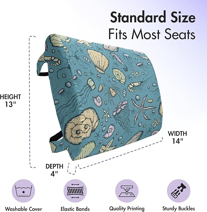 Ambesonne Under The Sea Lumbar Back Support Pillow, Summer Beach Theme with Hand-Drawn Clams Nautilus Jellyfish Shrimp Shapes, High Density Foam for Office Chairs Car Seats, 14" x 13", Cadet Blue