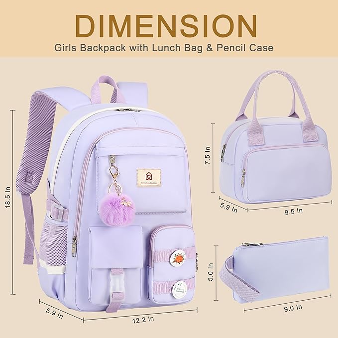 School Backpack for Teen Girls Women College Laptop Backpacks Girl Cute Bookbag Set with Lunch Box Pencil Case Kids Elementary Middle High Bag 3 Pcs Students Bookbags Set Travel Daypack-Purple