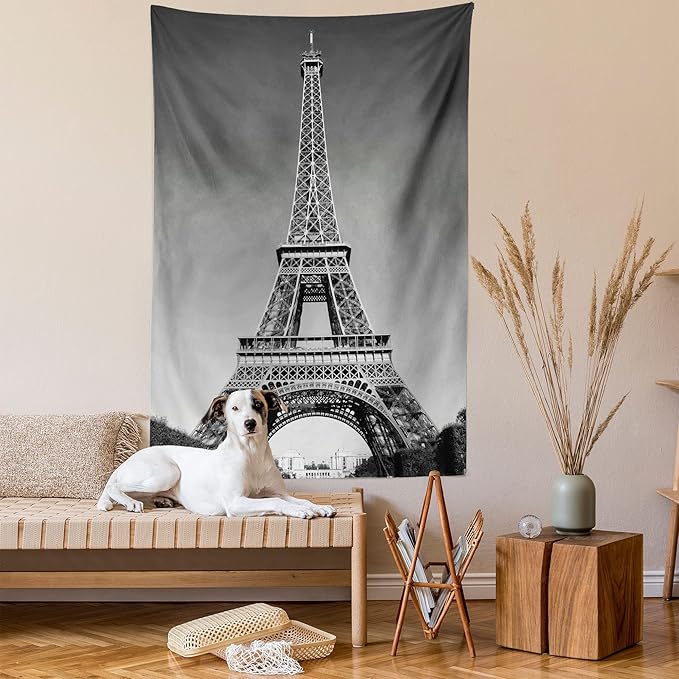 Ambesonne Eiffel Tower Tapestry Queen Size, Paris Landmark Monochrome Picture of Cityscape European Urban Famous Place Image, Wall Hanging Bedspread Bed Cover Wall Decor, 88" X 88", Grey