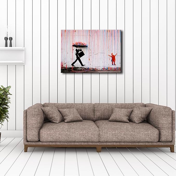 Wieco Art Banksy Raining Day or Colorful Graffiti Street Famous Canvas Prints Wall Art Modern Inspirational Grey Love Pictures Print Artwork for Kitchen Home Office Decor