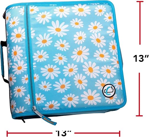 Case-it Mighty Zip Tab School Zipper Binder | 3-Inch O-Rings, 600-Sheet Capacity, 5-Subject Expanding File Folder, Multiple Pockets & Storage Organizer, Shoulder Strap | D-146 Light Blue Daisy