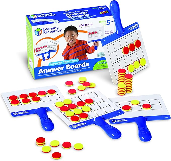 Learning Resources Magnetic Ten-Frame Answer Boards - Set of 4 with 100 Colorful counters/Discs, Ages 5+ | Grades K+ Giant Magnetic Ten Frame Boards Set