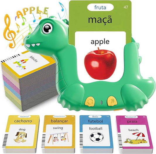 Portuguese and English Talking Flash Cards for Kids, 510 Sight Words Bilingual Learning Toys for Toddlers, Portuguese Alphabet Flashcards Pocket Speech Therapy Toys, Dinosaur Shaped