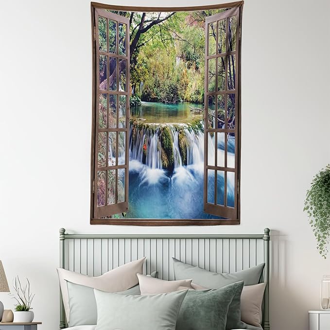 Ambesonne Waterfall Tapestry, Wide Waterfall Deep down in the Forest Seen from a City Window Epic Surreal Print, Fabric Wall Hanging Decor for Bedroom Living Room Dorm, 30" X 45", Brown Black