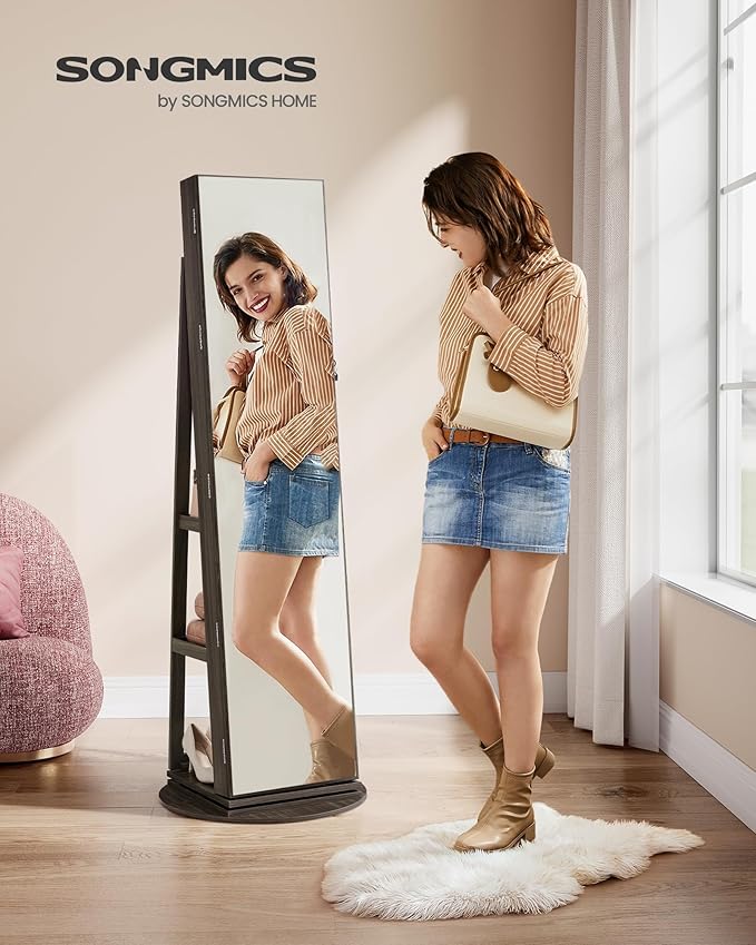 SONGMICS 6 LEDs Lockable Mirror Jewelry Cabinet, 360° Swivel Jewelry Organizer Armoire Standing, Frameless Full-Length Mirror, 3 Storage Shelves, Ash Brown Surface, Black Lining UJJC007K02