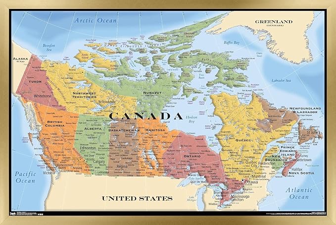 Map - Canada Wall Poster, 22.4L" x 14.7W", Gold Framed Version