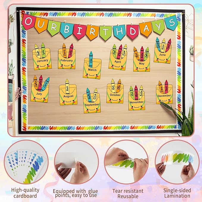 Birthday Bulletin Board Set for Classroom Decorations Pencil Box Cutouts Colorful Pencil Tags with Trim Borders for Back to School Birthday Chalkboard Door Wall Decors Supplies