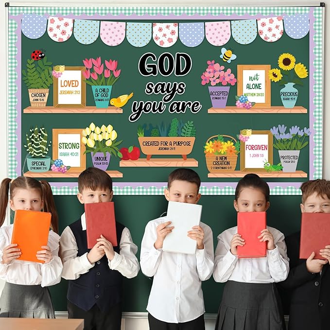 63 PCS Christian Bulletin Board Set God Says You are Religious Classroom Decoration Religious Plant Inspirational Paper Cutouts for Spring Church Sunday School Home Wall Window Supplies