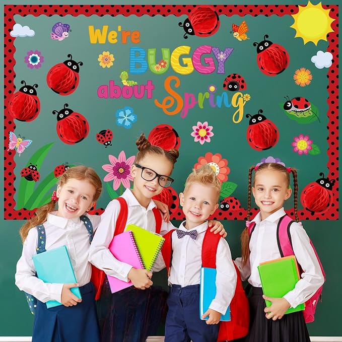 Pajean 73 Pcs 3D Spring Bulletin Board Decorations with Ladybug Honeycomb Spring Bulletin Board Set Colorful Flowers Floral Cutouts for Holiday School Office Home Nursery Wall Decor Supplies
