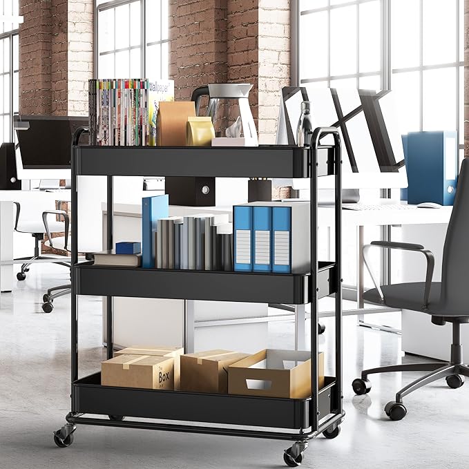 Simple Houseware 26" Extra-Wide 3-Tier Heavy Duty Service Cart, High-Capacity Metal Rolling Organizer for Spa, Salon, Office, and Home Storage, Black