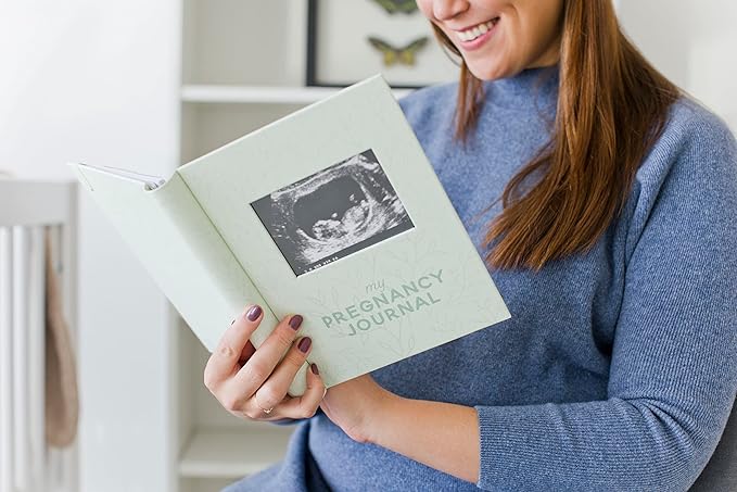 Pearhead My Pregnancy Journal, Keepsake Pregnancy Memory Book with Sonogram Photo Insert, Pregnant Trimester Milestone Tracker Notebook, Expecting Mom Gift, Sage Green Leaf