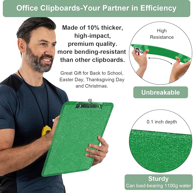 SFLHHDM Clear Glitter Clipboards, Plastic Clipboard with Pen Holder, Clip Boards 8.5x11 with Low Profile Clip, Cute Hanging Clip Board for Office School Supplies Sparkly Clipboard (Christmas Green)