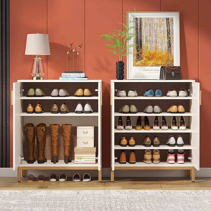 LITTLE TREE Shoe Cabinet with Doors, 20 Pairs Entryway Shoe Storage Cabinet Modern Storage Organizer for Closet, Living Room, Bedroom (White/Gold)