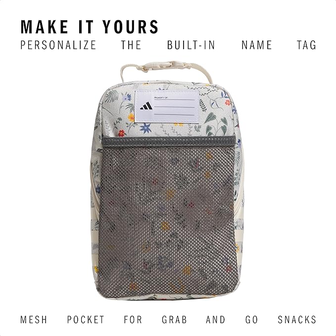adidas Santiago Lunch Bag Cooler for Women and Men, Insulated Food Container Box with Mesh Pocket, Meadow Floral Wonder White/Wonder White/3.0, One Size