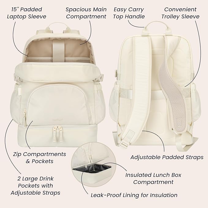 Bentgo 2-in-1 Adult Backpack & Insulated Lunch Bag – Lightweight, Water-Resistant Travel Backpack with 9 Compartments, Laptop Sleeve & Trolley Sleeve for Work & Everyday Use (Bone)