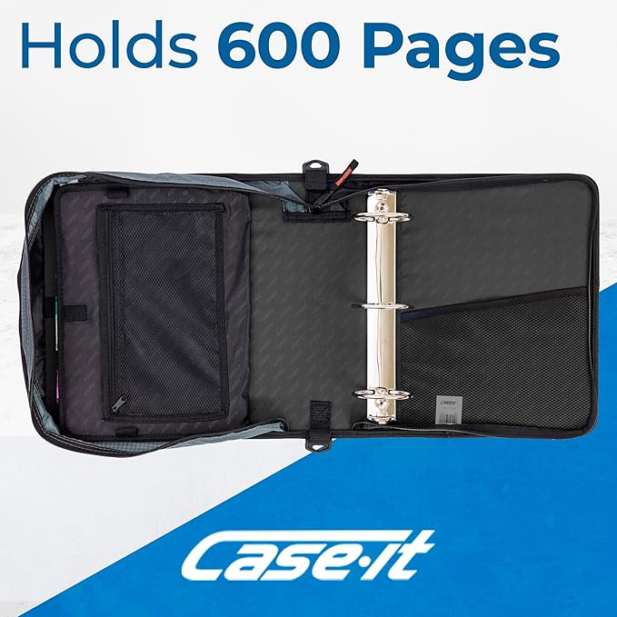 Case-it Mighty Zip Tab School Zipper Binder | 3-Inch O-Rings, 600-Sheet Capacity, 5-Subject Expanding File Folder, Multiple Pockets & Storage Organizer, Shoulder Strap | D-146 Jet Black | 6 Pack
