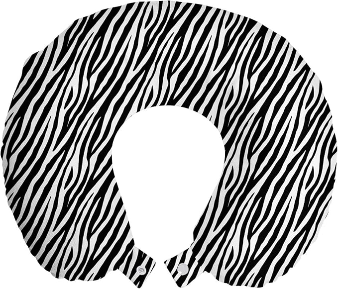 Ambesonne Zebra Print Travel Pillow Neck Rest, Repeating Animal Skin Ornament Jungle Savage Animal Savannah Life, Memory Foam Traveling Accessory for Airplane and Car, 12", Black Charcoal