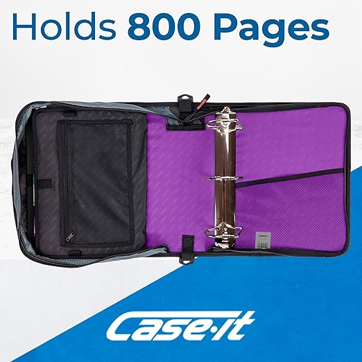 Case-it The King Sized Zip Tab Zipper Binder - 4 Inch D-Rings - 5 Subject File Folder - Multiple Pockets - 800 Sheet Capacity - Comes with Shoulder Strap - Deep Purple D-186