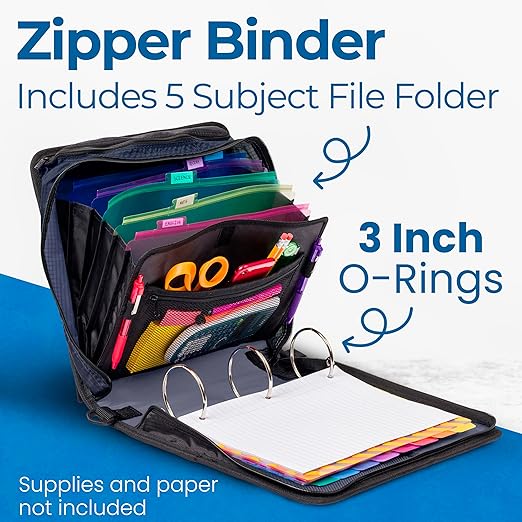 Case-it Mighty Zip Tab School Zipper Binder | 3-Inch O-Rings, 600-Sheet Capacity, 5-Subject Expanding File Folder, Multiple Pockets & Storage Organizer, Shoulder Strap | D-146 Dinosaur Mountain