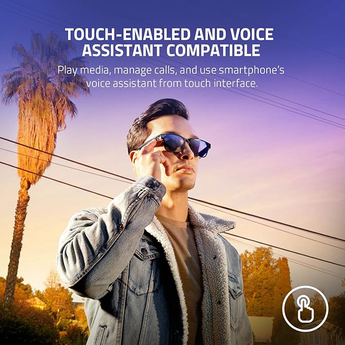 Razer Anzu Smart Glasses: Blue Light Filtering & Polarized Sunglass Lenses - Low Latency Audio - Built-in Mic & Speakers - Touch & Voice Assistant Compatible - 5hrs Battery - Rectangle/Small