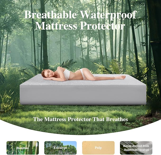 Full Size Mattress Protector, Waterproof Mattress Pad Washable Rayon Mattress Cover Breathable Noiseless Bed Protector 3D Patterns 5" - 21'' Elastic Fitted Deep Pocket(Light Grey)