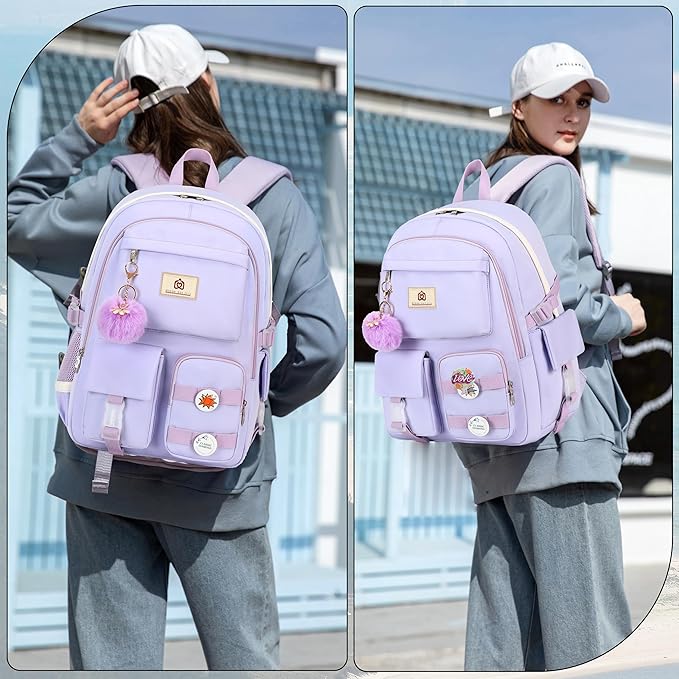 School Backpack for Teen Girls Women College Laptop Backpacks Girl Cute Bookbag Set with Lunch Box Pencil Case Kids Elementary Middle High Bag 3 Pcs Students Bookbags Set Travel Daypack-Purple