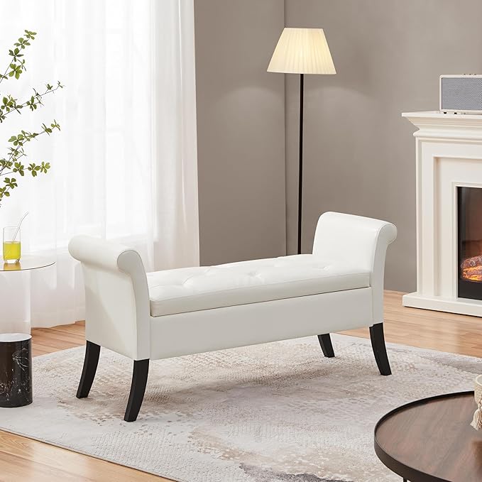 Yaheetech Ottoman with Storage, 52" Storage Ottoman Bench with Safety Hinge, Upholstered Bench with Seating for Bedroom, Living Room, Holds up to 661 lb, White