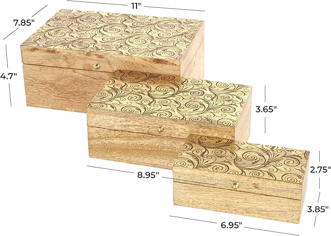 Deco 79 Mango Wood Scroll Handmade Decorative Box Storage Decorative Keepsake Box with Gold Accents, Set of 3 Storage Box 11", 9", 7"W, Brown